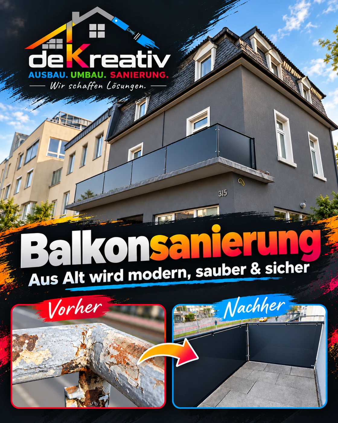 Balkonverkleidung: Vorher und nachher – KI-bearbeitete Werbegrafik