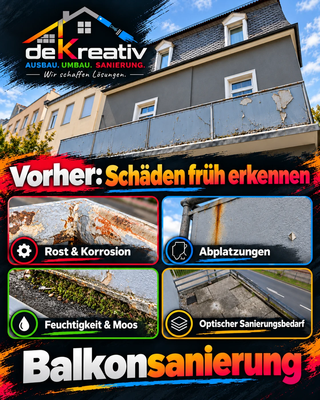Balkonverkleidung: Zustand vor der Erneuerung – KI-bearbeitete Werbegrafik
