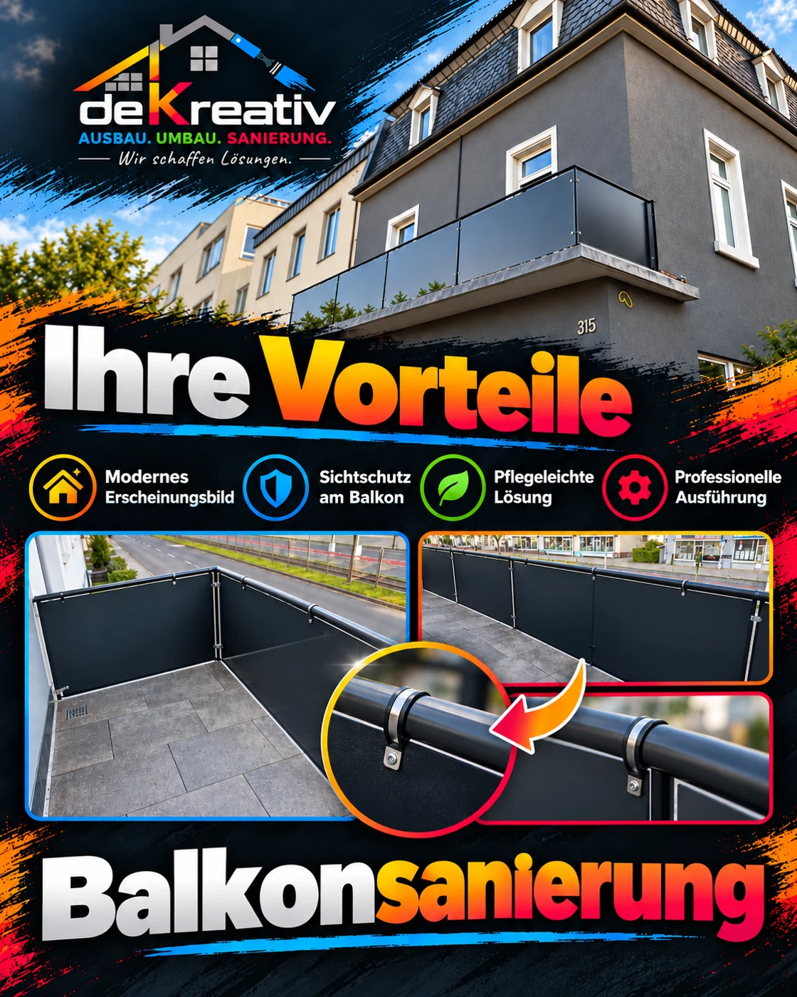 Balkonverkleidung: Ergebnis im Detail – KI-bearbeitete Werbegrafik