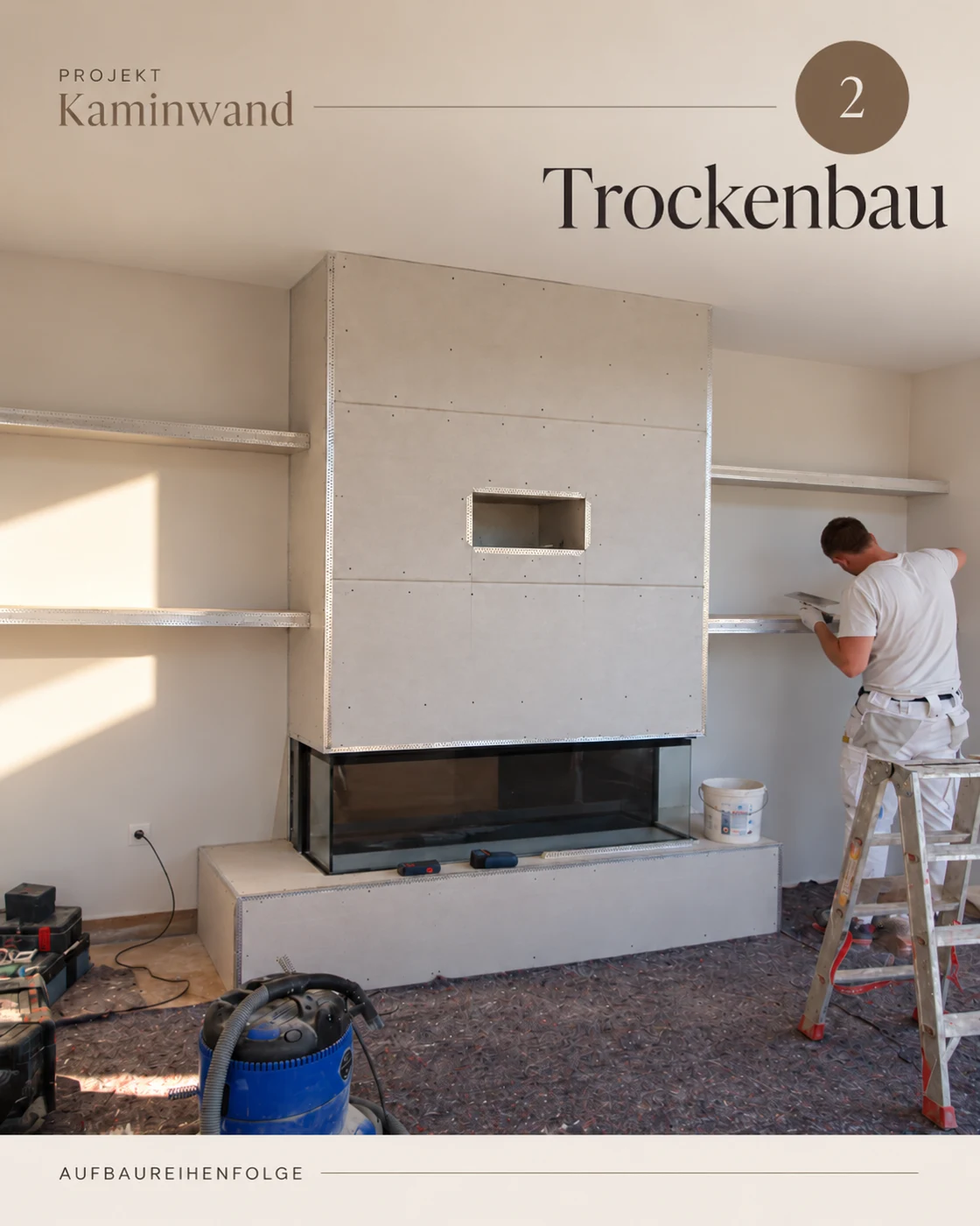 Kaminwand, Phase 2: Trockenbau – KI-bearbeitete Darstellung